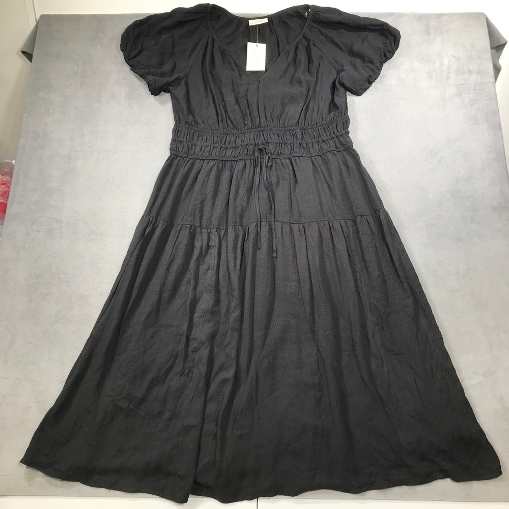 Universal Thread Boho Dress Womens XL Black Puff Sleeve Smocked V-Neck Tiered